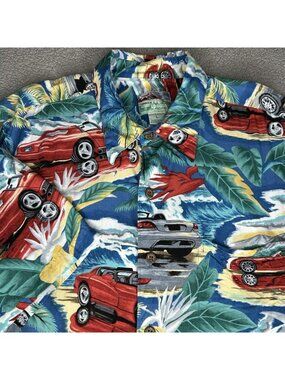 Reyn Spooner Shirt Mens L Blue Car Print Hawaiian Aloha Tropical Button Up